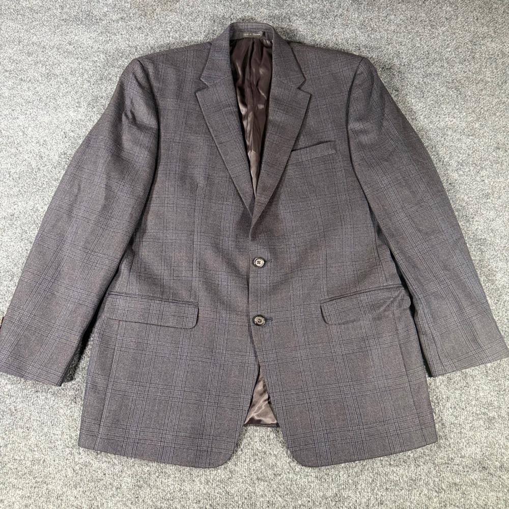 Lauren Ralph Lauren Blazer Sport Coat 44L Grey Blue Glen Plaid 100% Wool Mens